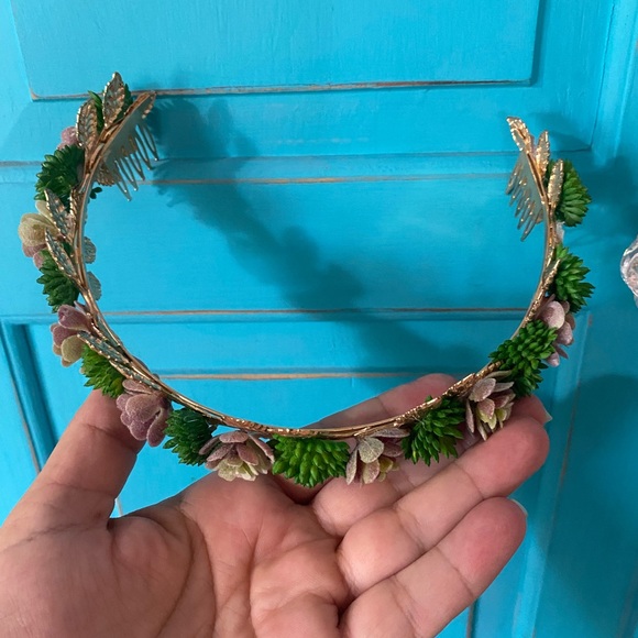 Crown Headband Faux Succulent Woodland Floral Handmade Wedding Prom Tiara Gold - Picture 7 of 11